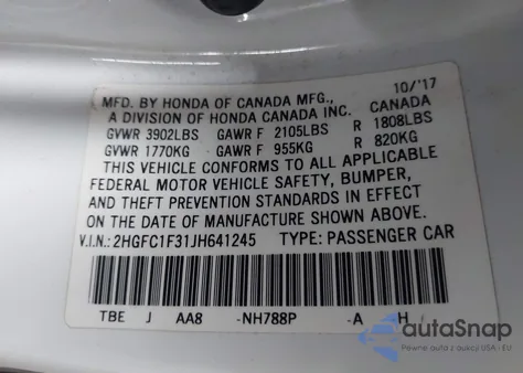 2018 Honda Civic Ex-T из США, поврежденный, VIN 2HGFC1F31JH641245